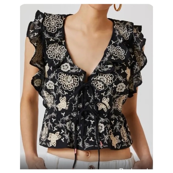 Anthropologie Tops - NWOT Anthropologie Embroidered Ruffle Crop Tie Top in Black & White Size XS